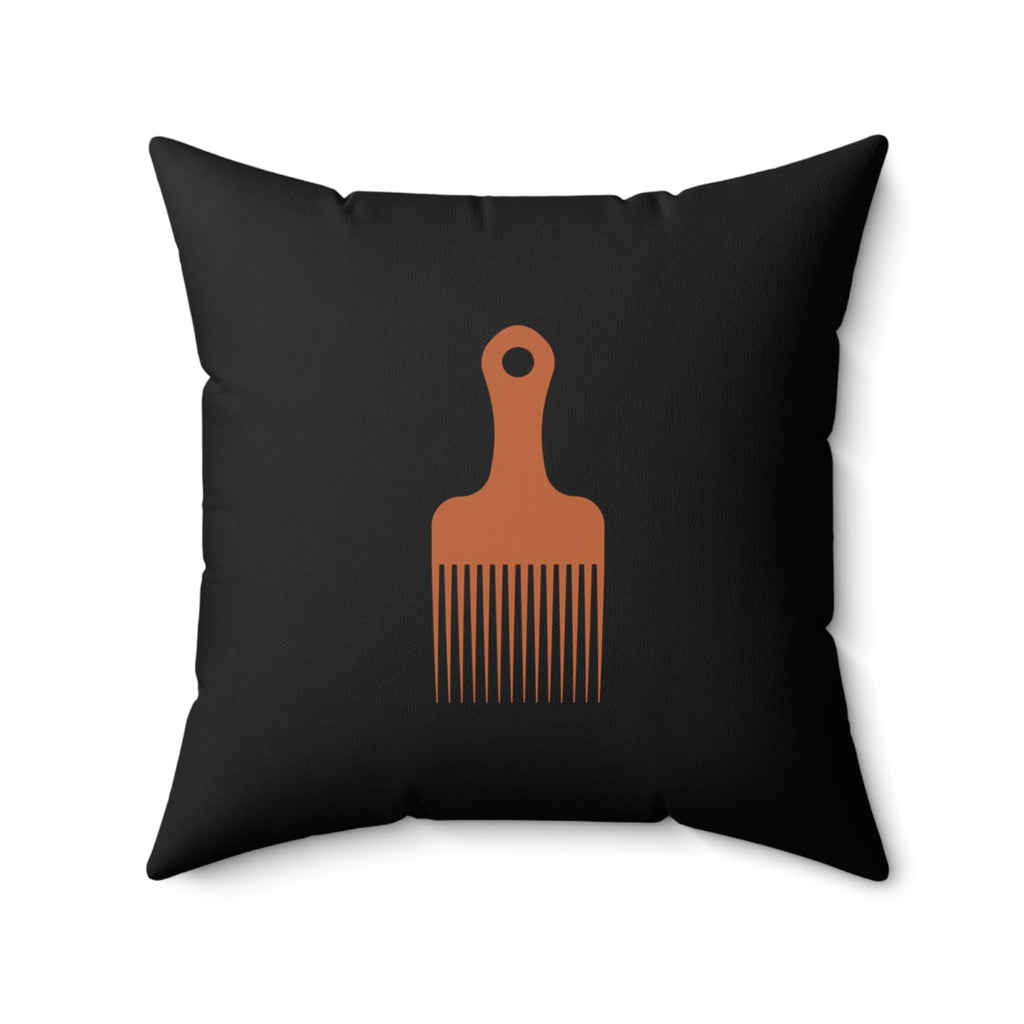 Black Throw Pillow With Orange Afro Pick