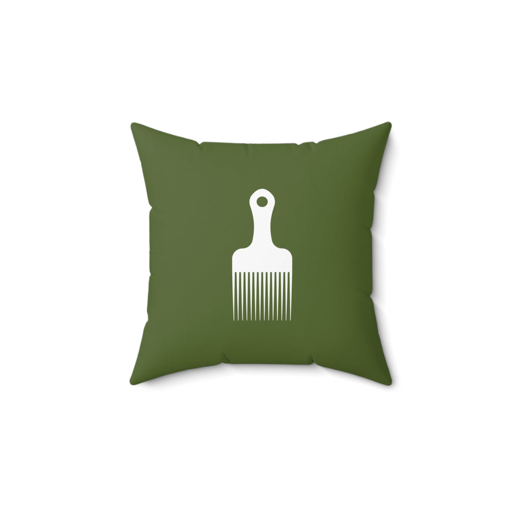Khaki Green Throw Pillow With White Afro Pick Comb