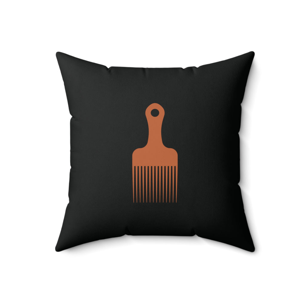Black Throw Pillow With Orange Afro Pick