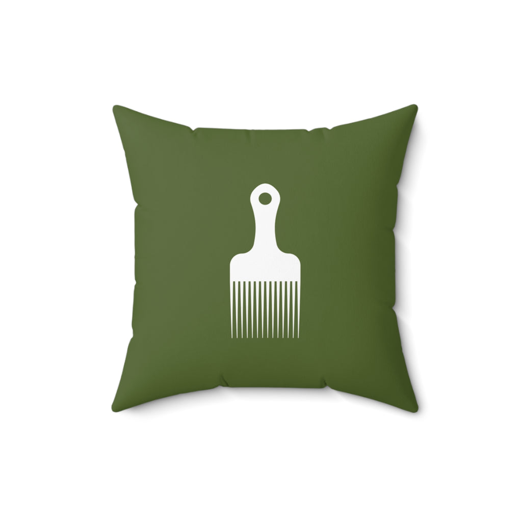 Khaki Green Throw Pillow With White Afro Pick Comb