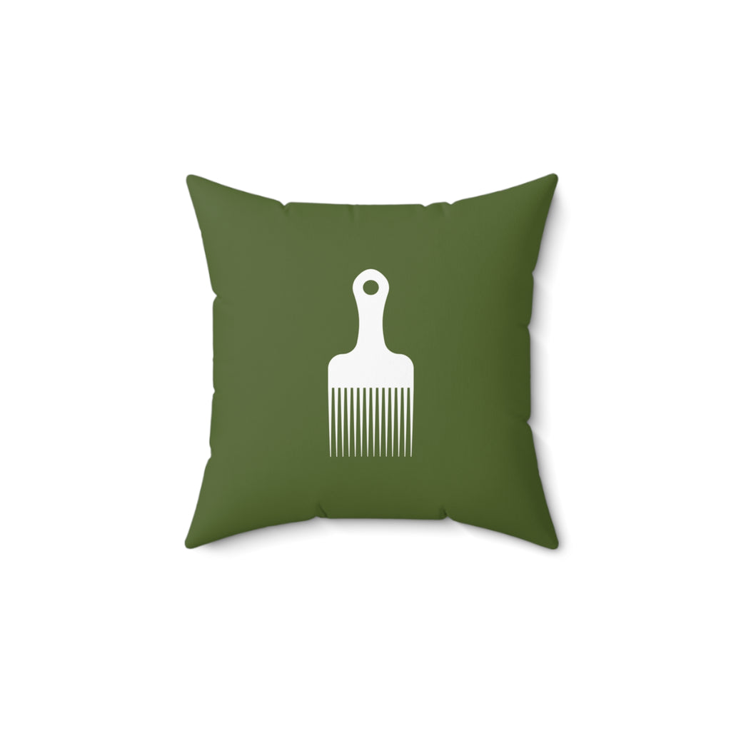 Khaki Green Throw Pillow With White Afro Pick Comb