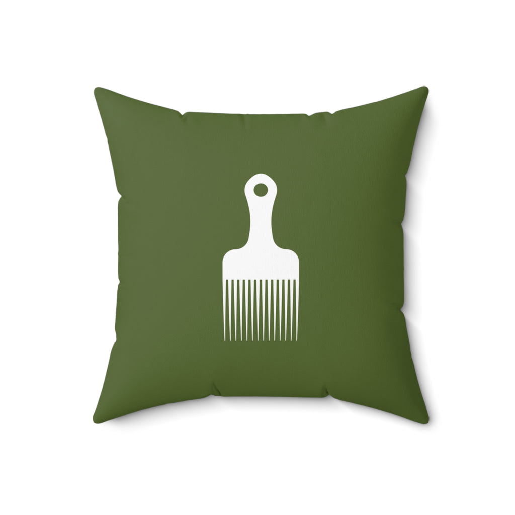 Khaki Green Throw Pillow With White Afro Pick Comb