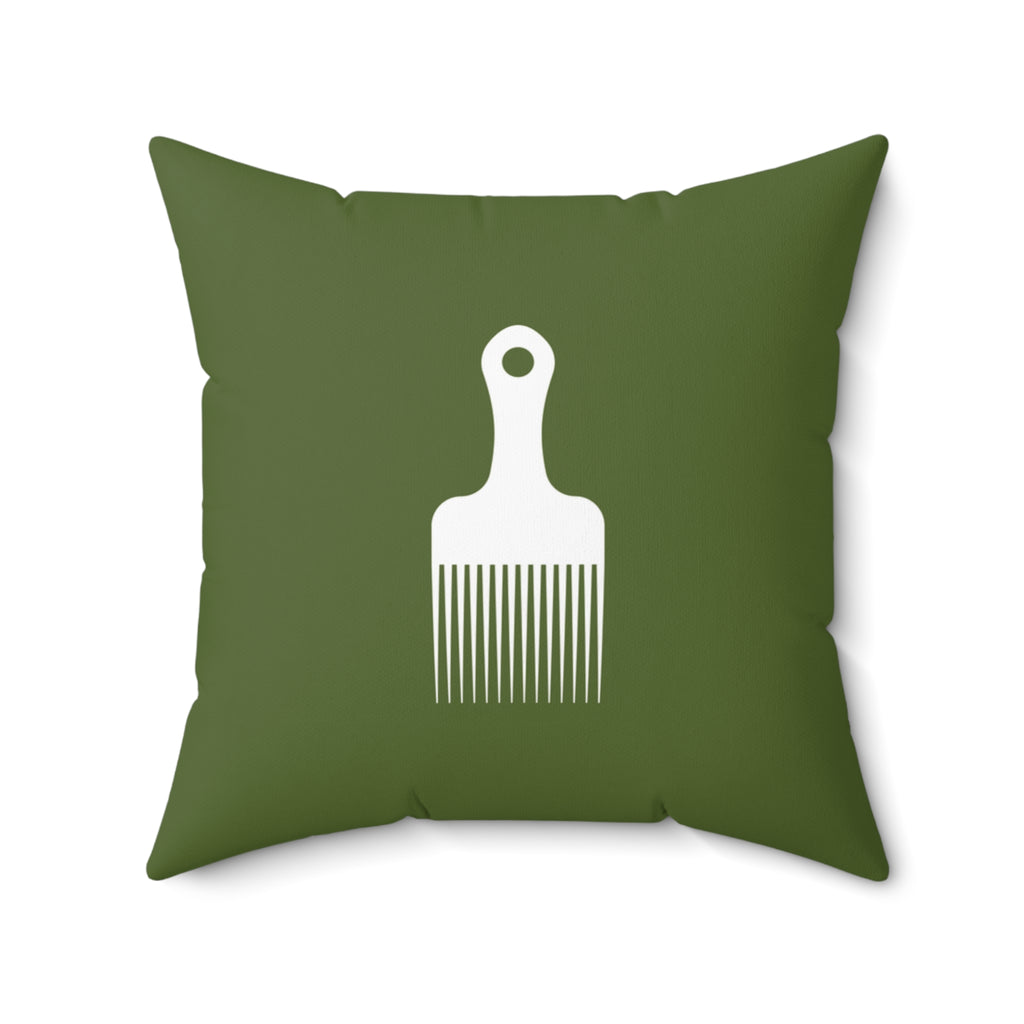 Khaki Green Throw Pillow With White Afro Pick Comb