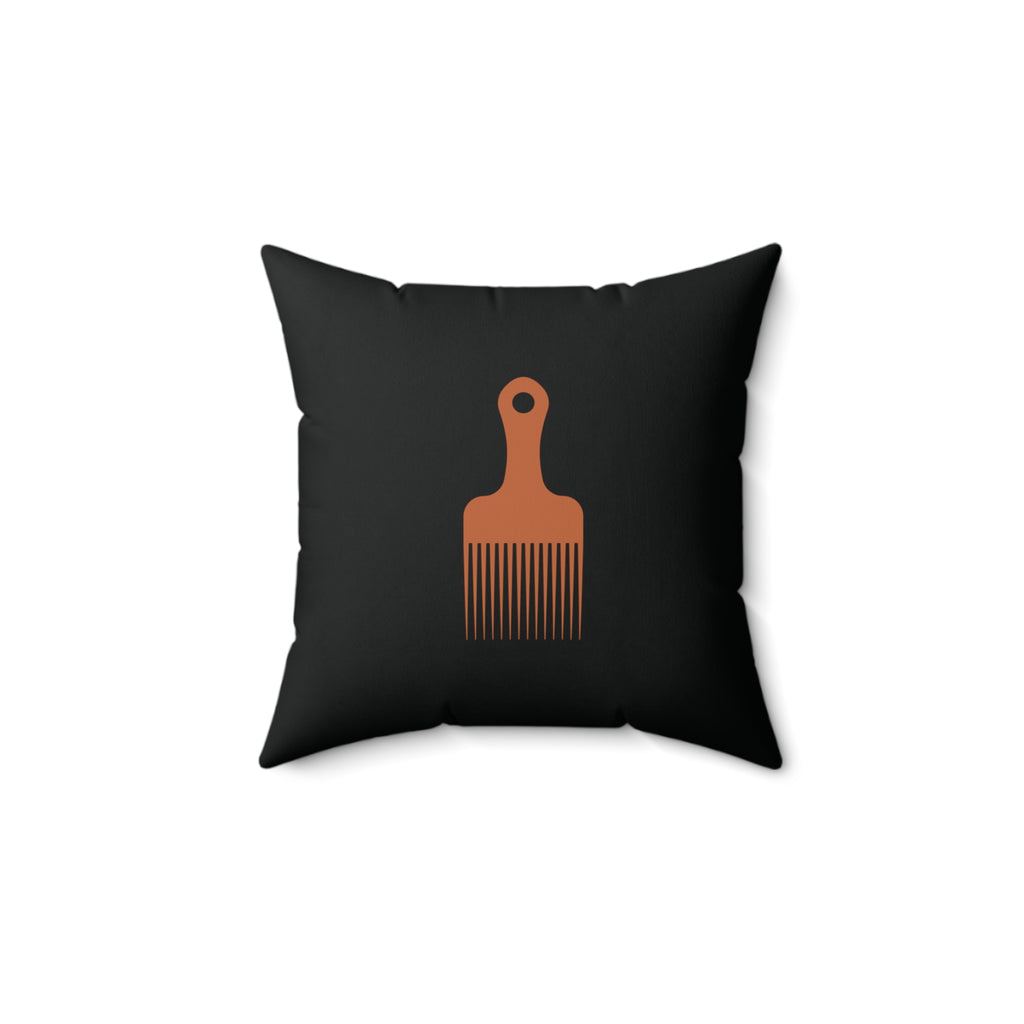 Black Throw Pillow With Orange Afro Pick