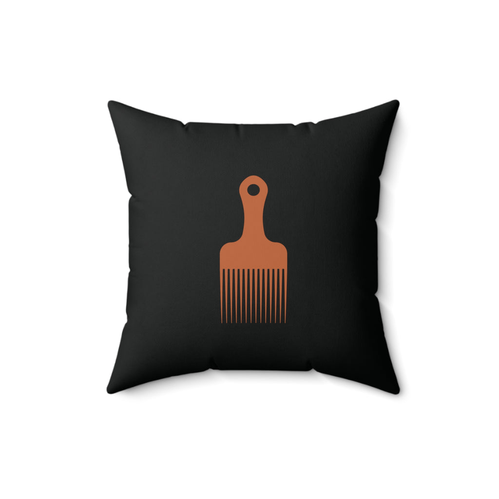 Black Throw Pillow With Orange Afro Pick