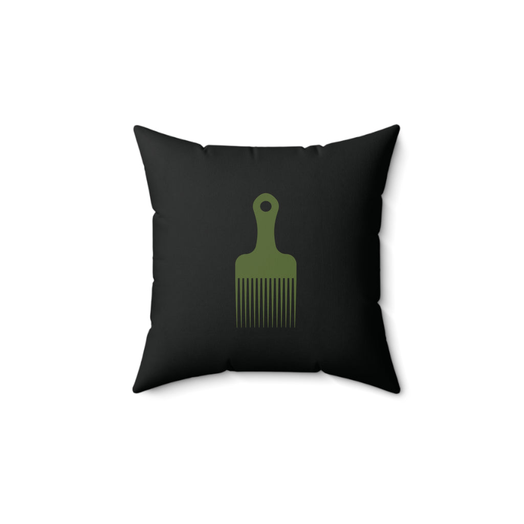Black throw pillow with khaki green afro pick on the front and back.