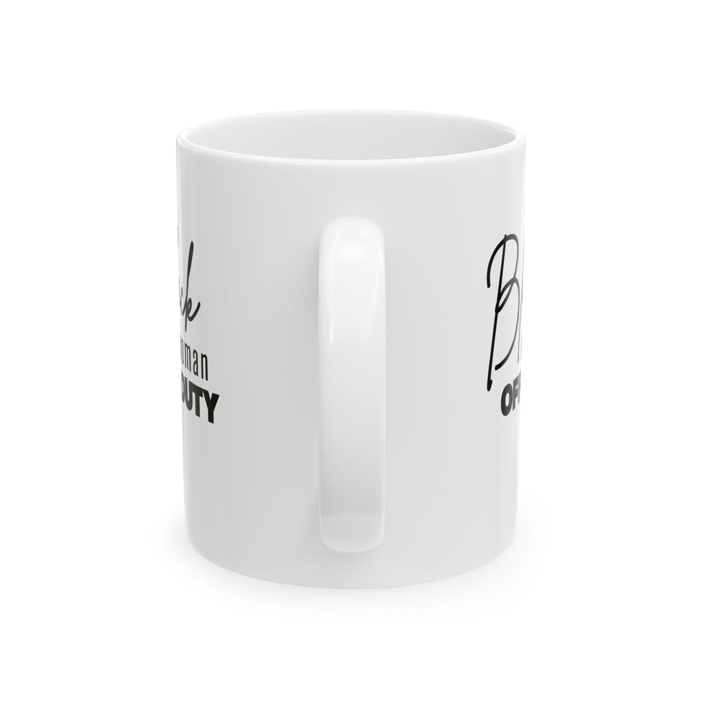 Back view of a white ceramic mug.